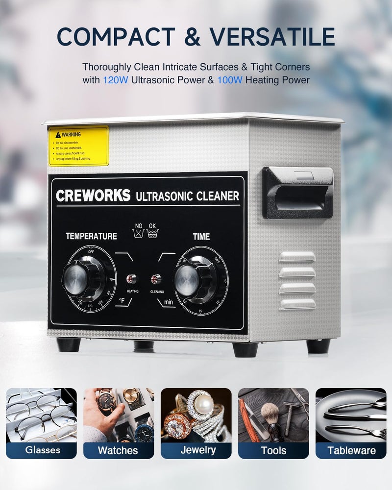 CREWORKS 3.2L Ultrasonic Cleaner with Heater & Timer, 304 Stainless Steel Sonic Cleaner, 0.8gal Ultrasonic Parts Cleaner with Knobs, 120W Professional Lab Ultrasonic Cleaner for Glasses Coin Microchip - Image 4
